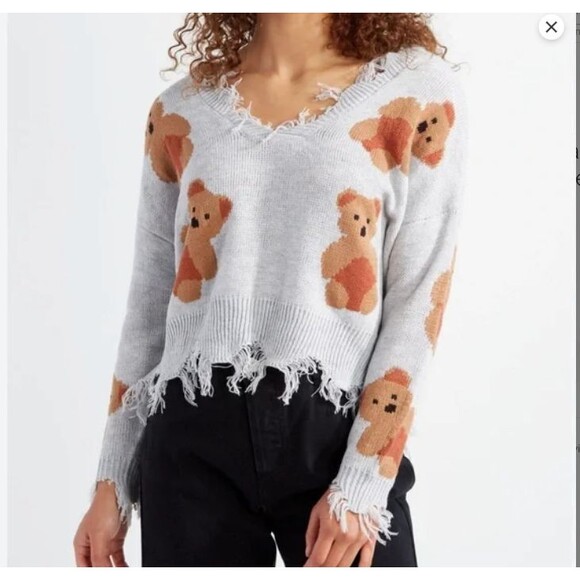Just Polly Frayed Teddy Bear Sweater-Large-Cropped-Relaxed Fit-Factory Destroyed - Picture 1 of 7